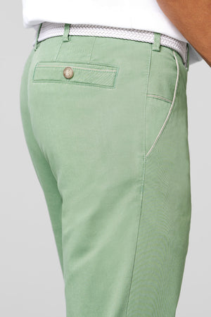 Green pants with a button on a light gray background